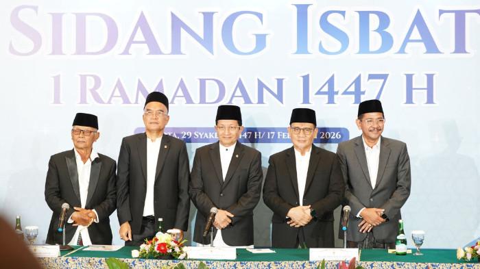 Konferensi pers hasil Sidang Isbat (penetapan) 1 Ramadan 1447 H yang dipimpin Menteri Agama Nasaruddin Umar di Hotel Borobudur, Jakarta Pusat, Selasa (17/2/2026).