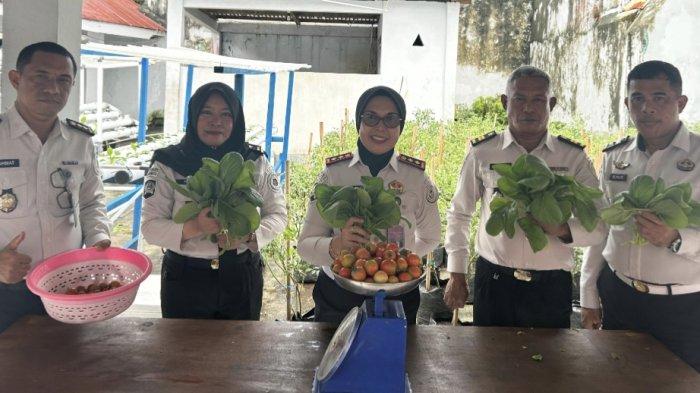 Kepala LPKA Kelas II Ternate Nona Ahmad memperlihatkan sawi dan tomat usai di panen