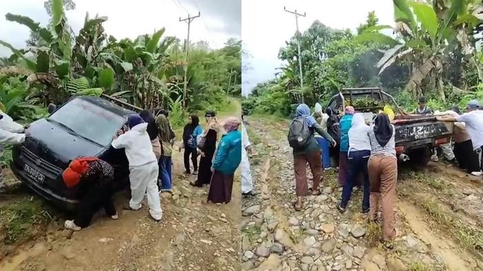 INSIDEN: Mobil pickup yang dipakai belasan Nakes saat bertugas di Desa Pegunungan, Pulau Taliabu tergelincir di tanjakan curam, Selasa (23/9/2025)