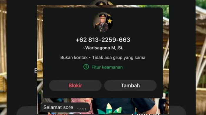 HUKUM: Tangkapan layar nama dan foto Kapolda Maluku Utara Irjen Pol Waris Agono dipakai oknum untuk menipu.
