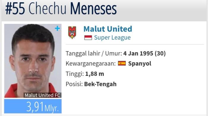 Nilai pasar bek tengah Malut United Chechu Meneses