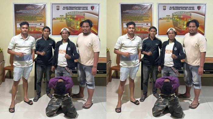 HUKUM: Pelaku pencuri kabel lampu PJU (menunduk) saat diamankan ke Polres Halmahera Selatan, Sabtu (23/5/2026).