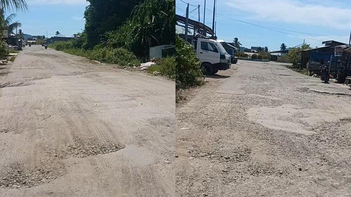 INFRASTRUKTUR: Salah satu ruas jalan di Desa Wayo, Pulau Taliabu, Senin (16/2/2026). terlihat jalan aspal tersebut sudah rusak, walhasil warga sekitar mengeluh karena berdebu dan terkegang air saat hujan