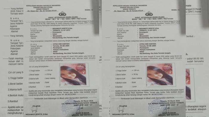 HUKUM: Flyer orang hilang atas nama Citra Dwi Kartika yang dikeluarkan Polres Ternate, Rabu (4/3/2026). Dalam flyer tersebut mencantumkan nama lengkapnya, status mahasiswa dan domisili di Kelurahan Santiong, Ternate Tengah