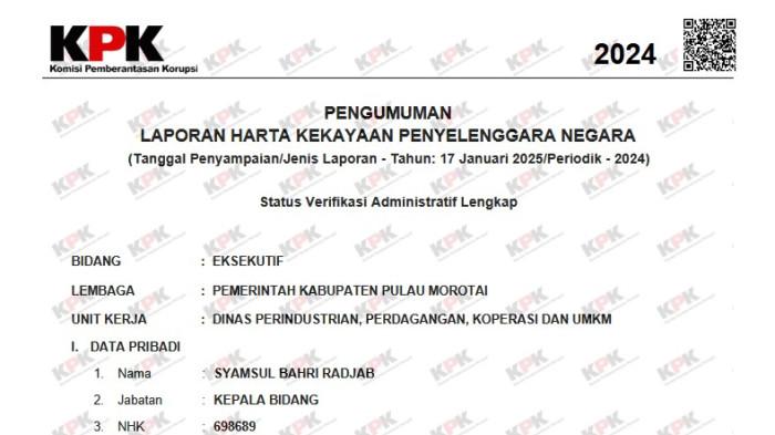 Kekayaan Sekretaris Disperindagkop dan UMKM Pulau Morotai Syamsul Bahri Minus, Ini Rinciannya