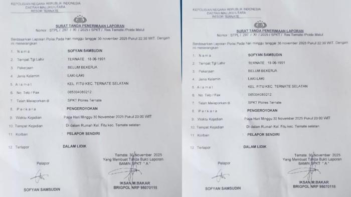 PENGEROYOKAN - Bukti aduan laporan polisi korban atas dugaan kasus penganiayaan oleh oknum perwira polisi, warga di Kelurahan Fitu, Kecamatan Ternate Selatan, Maluku Utara, atas nama Sofyan Samsudin alias Opan 34 tahun menjadi korban,  Selasa (2/12/2025).