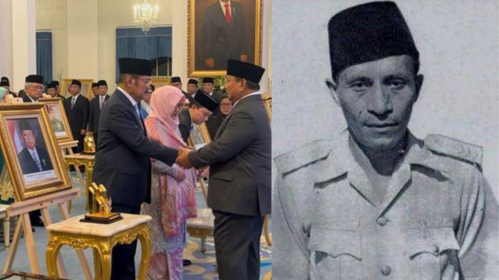 PAHLAWAN NASIONAL - Kolase foto penganuherahan gelar Pahlawan Nasional oleh Presiden RI Prabowo Subianto di Istana Negara, Senin (10/11/2025) (kiri) dan foto Sultan Tidore ke-37 Zainal Abidin Syah (kanan). Di mana, dalam rangka Hari Pahlawan Nasional 2025, Zainal Abidin Syah dianugerahi gelar Pahlawan Nasional.
