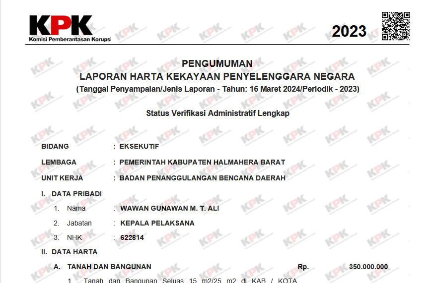 Harta Kekayaan Kepala BPBD Halmahera Barat Wawan MT Ali