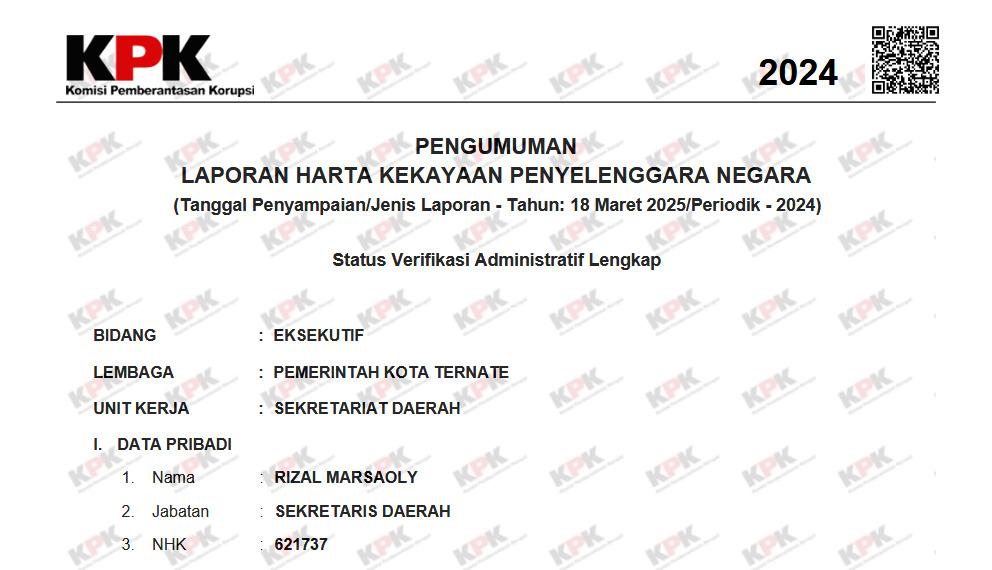 Cek Harta Kekayaan Sekda Ternate Rizal Marsaoly per 2024, Naik Segini dalam Setahun