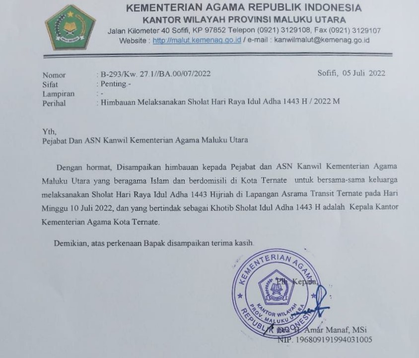 Kemenag Maluku Utara Tetapkan Salat Idul Adha Hari Minggu 10 Juli, Berbeda dengan Pemkot Ternate