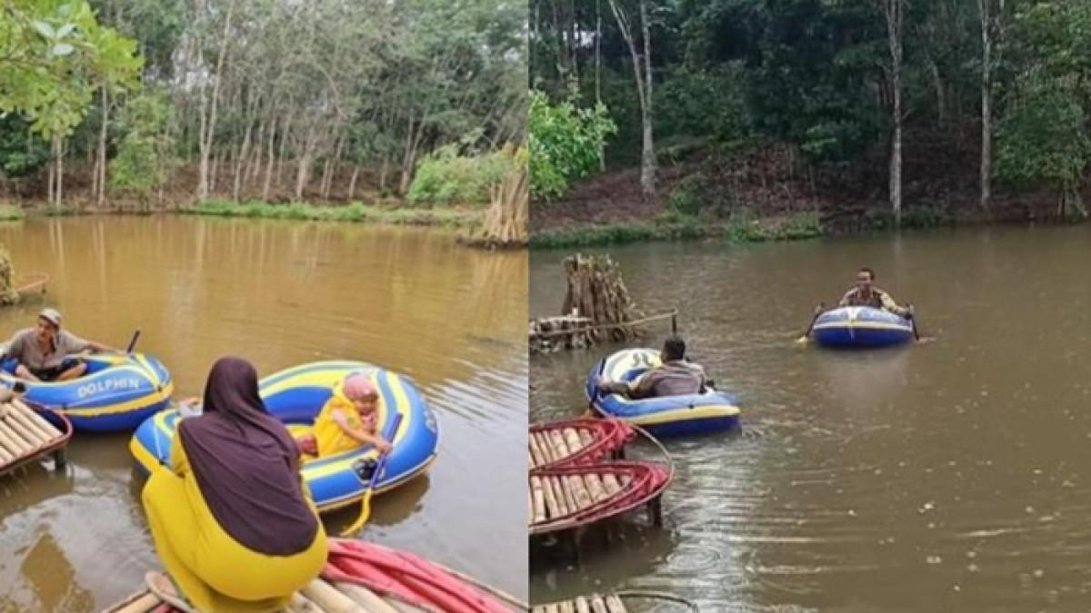 WISATA BALANGAN - Pengunjung wisata Danau Asmara antre untuk menikmati sensasi perahu karet di Danau Asmara, Desa Sumber Rejeki, Kecamatan Juai, Kabupaten Balangan, Kalimantan Selatan, Senin (13/10/2025).