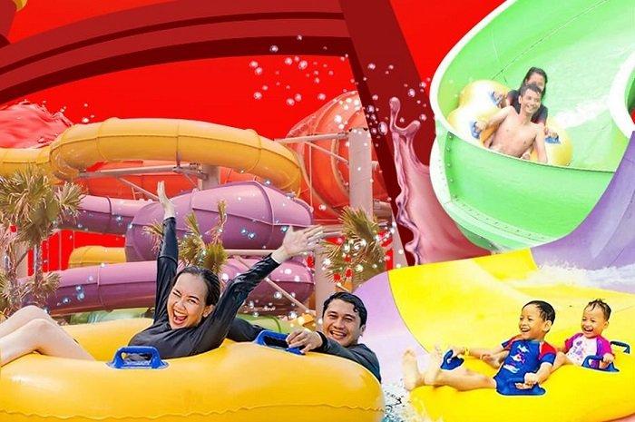WISATA BEKASI - Pengunjung tengah menikmati keseruan wisata di Go! Wet Waterpark, Bekasi, Jawa Barat, Selasa (25/2/2025). Go! Wet Waterpark bisa menjadi tujuan libur Lebaran untuk seru-seruan bareng kelurga. Tiket masuknya dibanderol dengan harga mulai Rp 100 ribu.