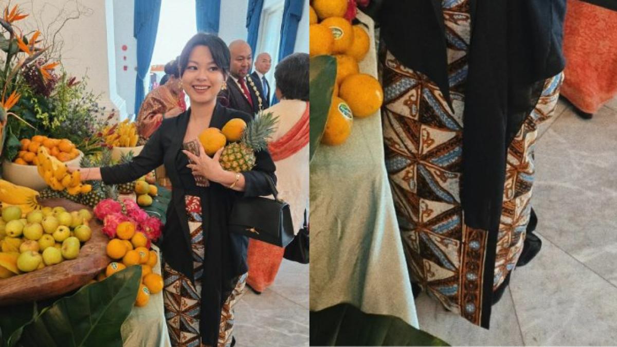 Gustika Jusuf mengenakan kain batik motif slobog saat perayaan HUT ke-80 RI di Istana Merdeka, Minggu (17/8/2025).