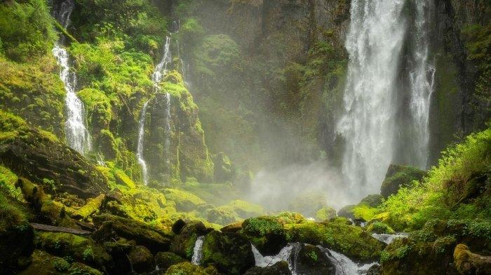Ilustrasi air terjun yang mengalir deras, cocok untuk kamu yang mau healing saat liburan akhir pekan.