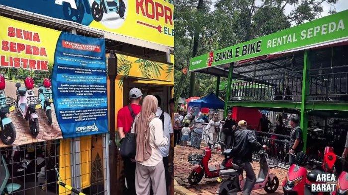 Kolase foto sewa sepeda listrik dan scooter di Taman Margasatwa Ragunan, Jakarta.