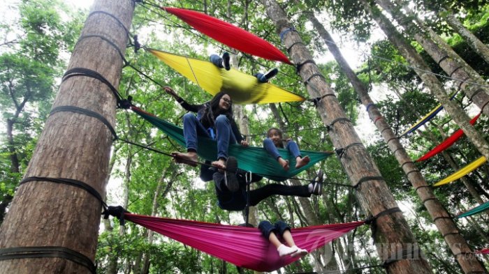 Sejumlah pengunjung bergantung di hammock sambil duduk dan tiduran yang terpasang di antara pohon di Taman Hutan Raya (Tahura) Ir H Djuanda, Dago Pakar, Kota Bandung, Minggu (4/11/2016). 