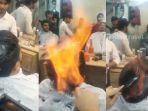 Gokil! Pria Ini Mencukur Rambut dengan Cara Dibakar, Bikin Jantung Dag Dig Dug, Tapi Hasilnya . . .