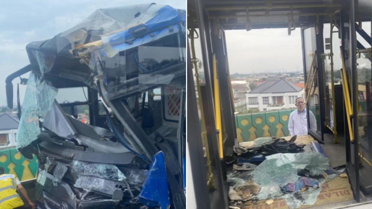 2 bus Transjakarta bertabrakan di Koridor 13 Cipulir, Jakarta Selatan, Senin (23/2/2026) pagi.