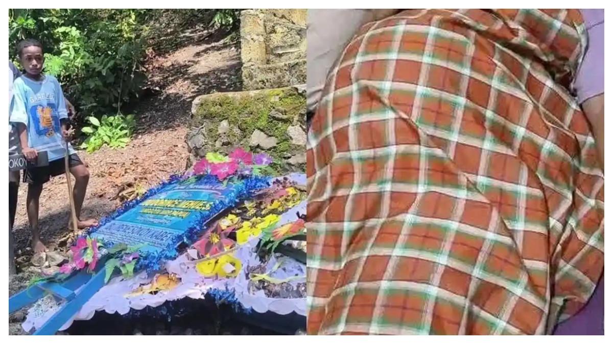 IBU HAMIL MENINGGAL - Abraham Kabey dan kedua cucu (anak Almarhumah Irene Sokoy) sata berdiri di makam Irene Sokoy/ Findi dan Almarhumah Irene Sokoy saat berada di rumah sakit pada Selasa (18/11/2025)