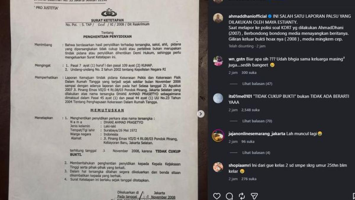 Ahmad Dhani membagikan surat penghentian penyidikan atas kasus dugaan KDRT yang sebelumnya dilaporkan Maia Estianty.