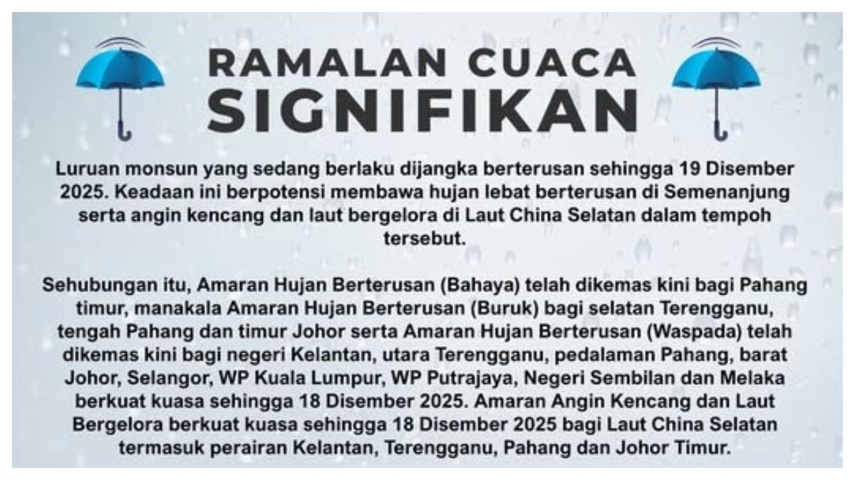 Negara bagian yang terletak di ujung paling selatan Semenanjung Malaysia ini juga tercantum dalam peringatan banjir