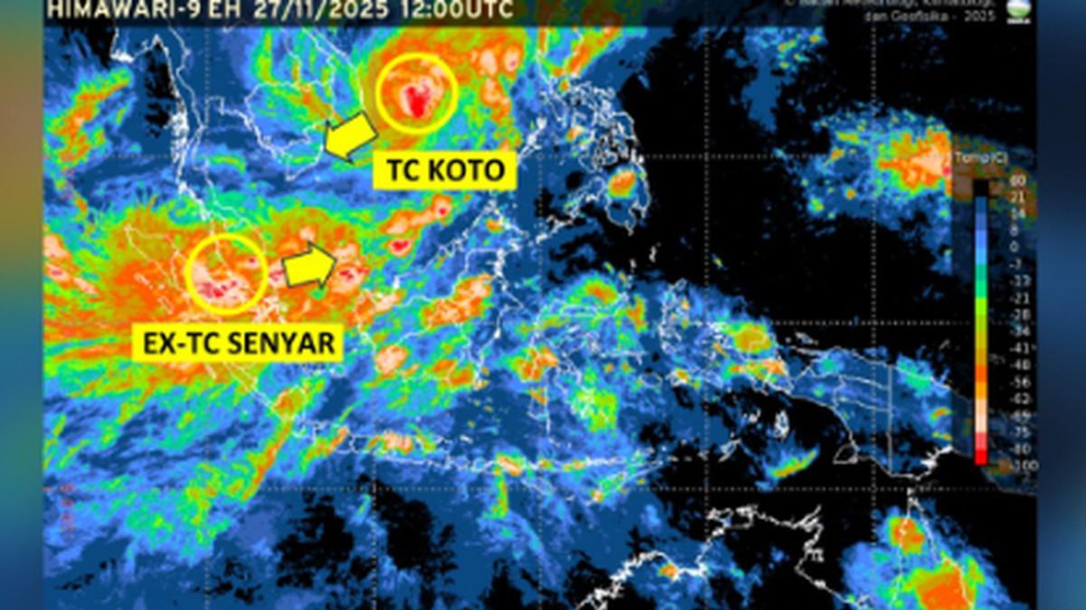 Gambar Ex Siklon Tropis Senyar dan Siklon Tropis Koto di wilayah Indonesia. (BMKG)