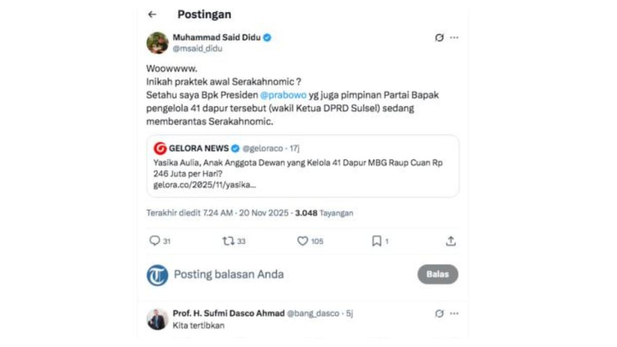 TANGGAPAN DASCO - Kicauan Ketua Harian Partai Gerindra, Sufmi Dasco Ahmad terkait dengan anak Wakil Ketua DPRD Sulsel Yasir Mahmud, Yasika Aulia Ramadhani menguasai 41 dapur MBG di Sulsel. Dasco mengatakan, akan menertibkannya karena terkait dengan partai.
