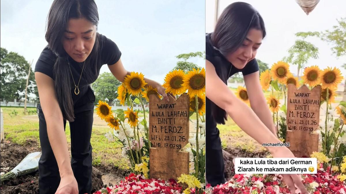 KAKAK LULA LAHFAH - Kolase potret Farah Dibba kakak Lula Lahfah baru tiba di Indonesia langsung kunjungi makam adiknya