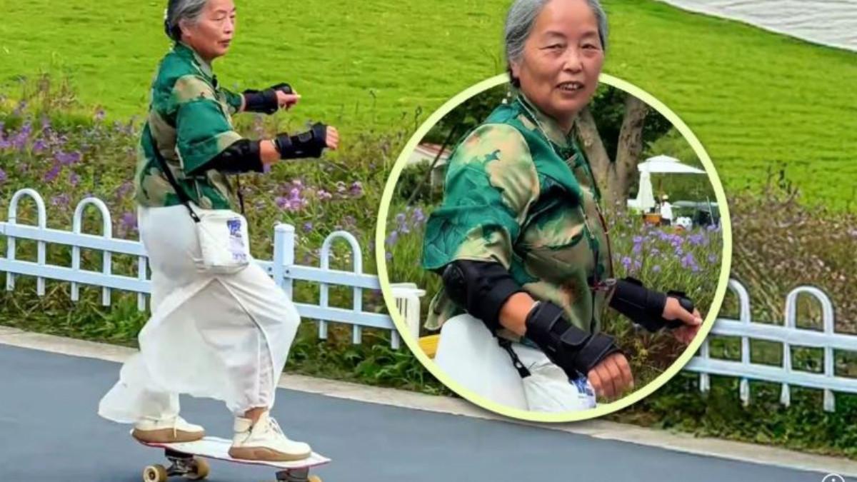 Liu seorang nenek berusia 68 tahun yang meluncur di atas papan skateboard dengan gerakan lincah dan penuh semangat.