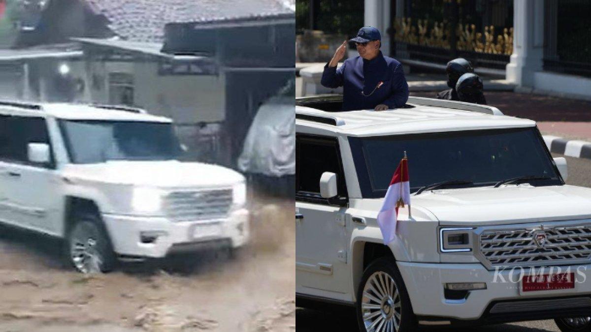 MAUNG TERJANG BANJIR,- Potret gagahnya mobil 'Maung Garuda' Presiden Prabowo Subianto ketika menerjang derasnya banjir di Bogor, Jawa Barat pada Jumat, 28/2/2025.