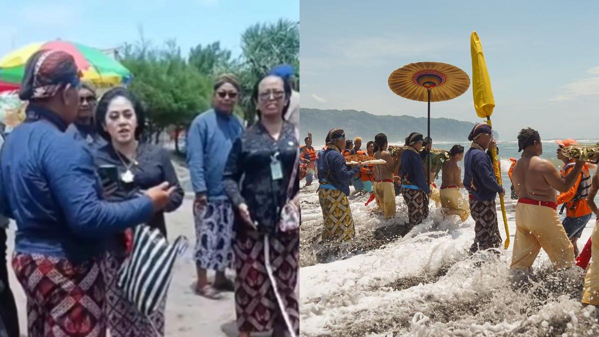 MBAK RARA DIUSIR - Abdi Dalem Keraton Yogyakarta membawa uborampe untuk dilabuh ke pantai saat prosesi labuhan di Pantai Parangkusumo, Bantul, D.I Yogyakarta, Senin (19/1/2026), sementara itu dalam kesempatan yang sama Mbak Rara pawan hujan sempat diusir Abdi Dalem Keraton Yogyakarta.