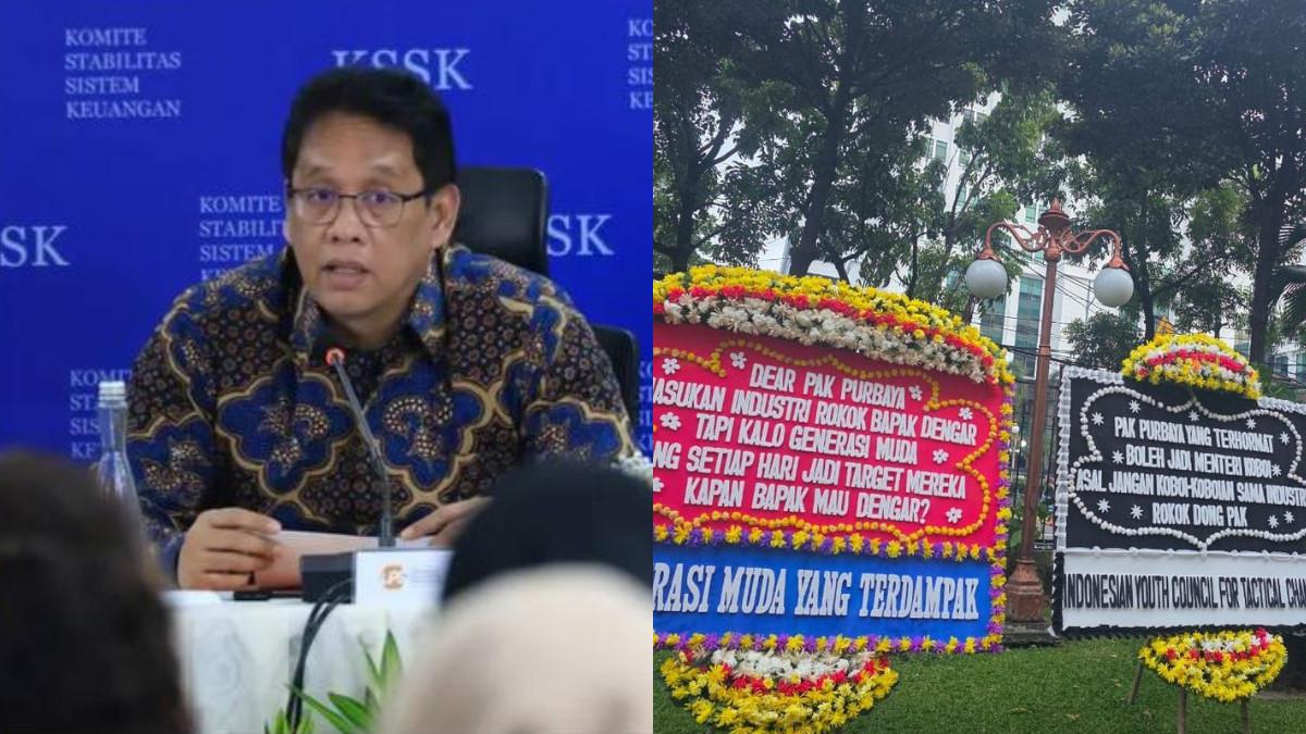 Menkeu Purbaya Diberondong Karangan Bunga Bentuk Protes Pembatalan Menteri Keuangan Purbaya Yudhi Sadewa Tidak Menaikkan Cukai Rokok Di Tahun 2026