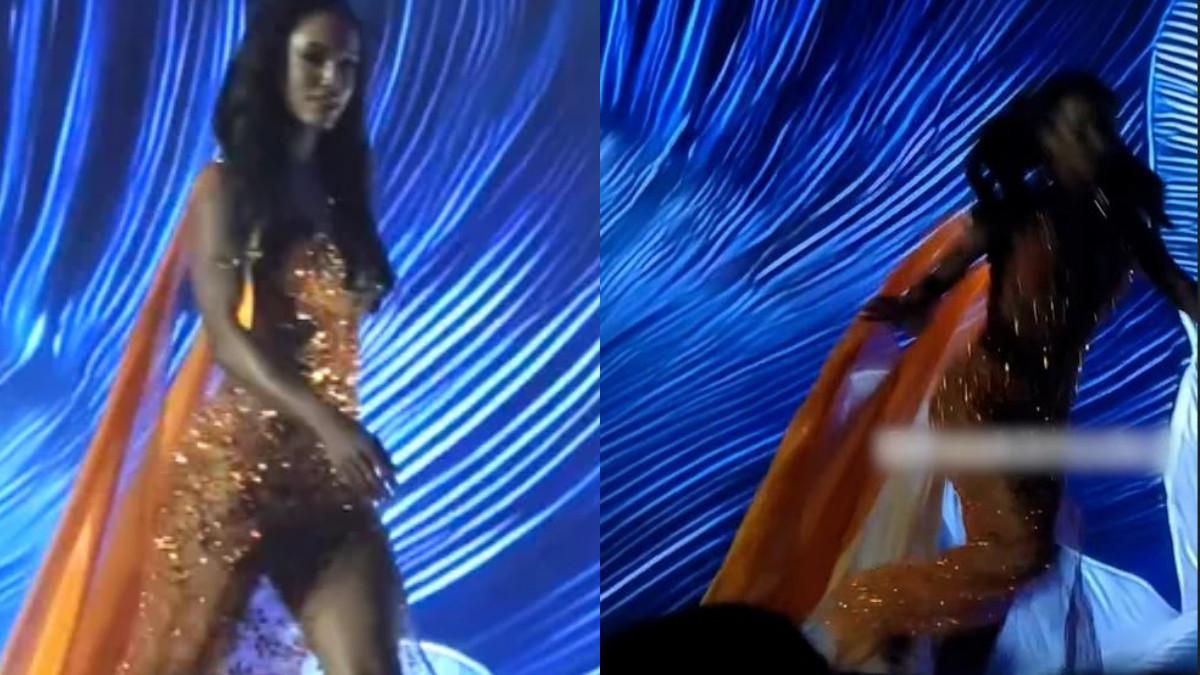 Miss Jamaika tiba-tiba dan jatuh dari atas panggung Miss Universe 2025, diduga salah ambil pijakan kaki.