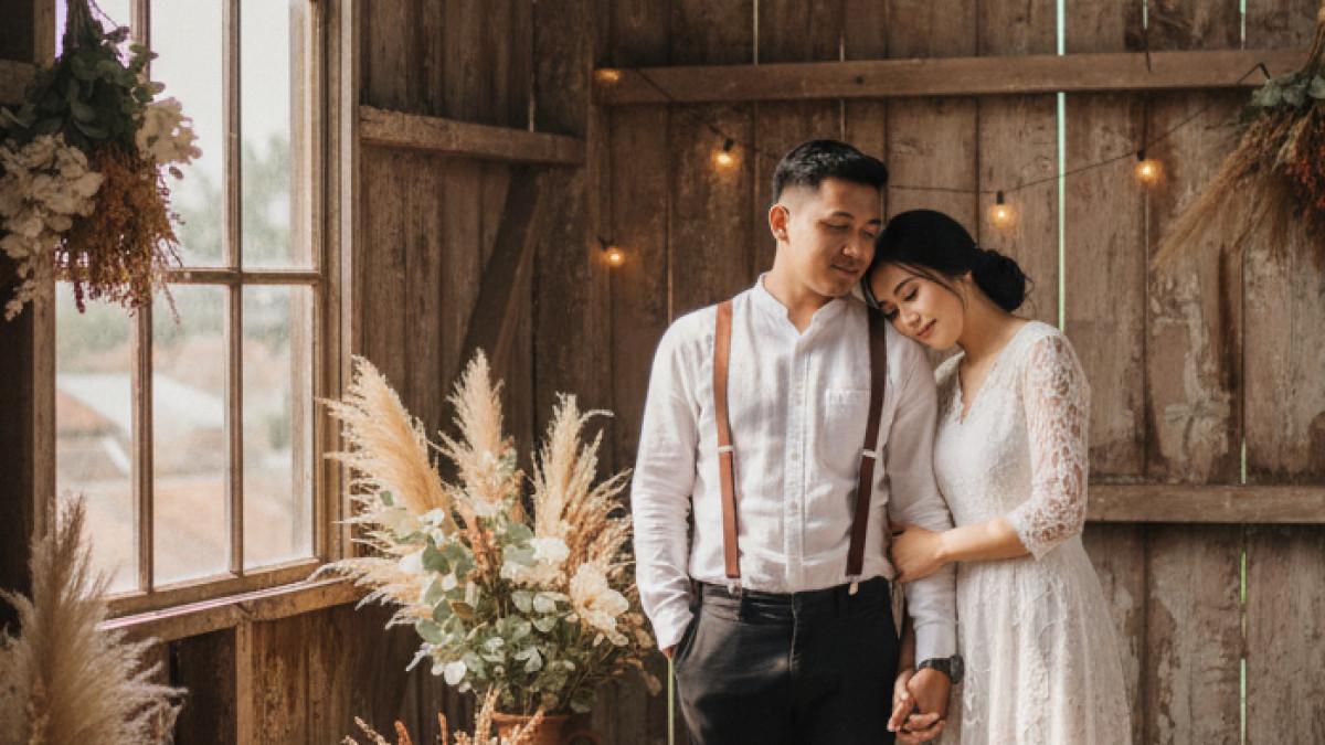 PROMPT FOTO AI - Prompt foto AI prewedding tema rustic di gudang tua.