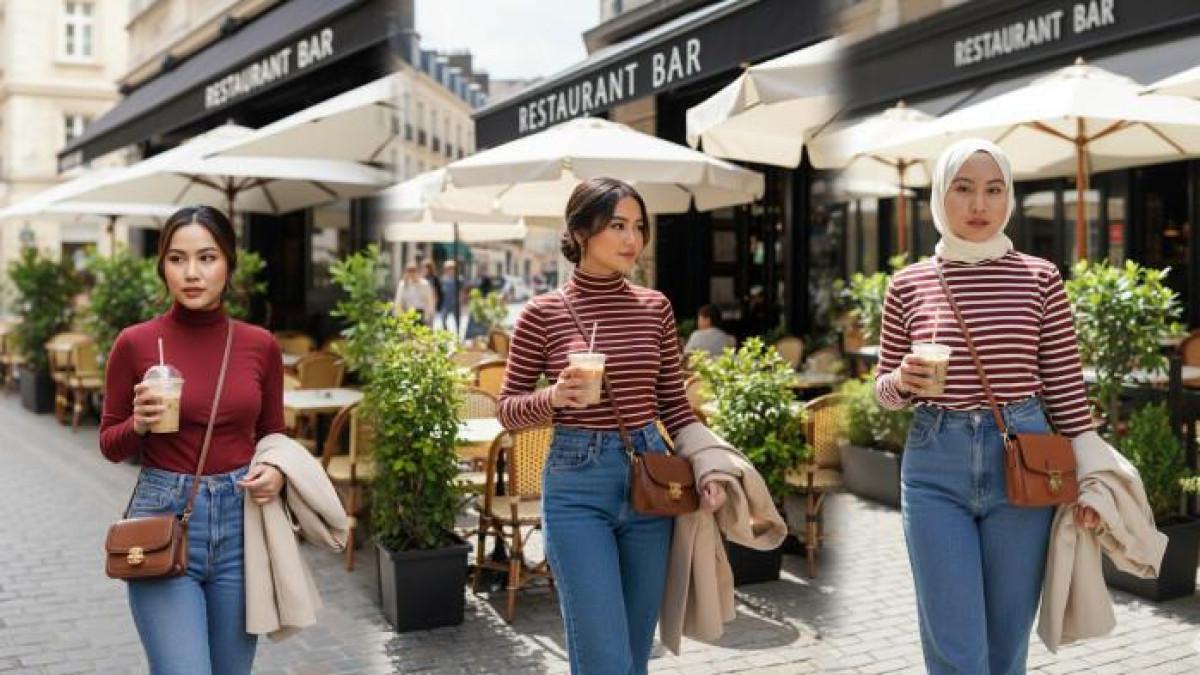 PROMPT GEMINI AI - Contoh foto hasil editan Gemini AI dari foto selfie menggunakan prompt Gaya street Style selegan kafe Eropa, Jumat (3/10/2025).