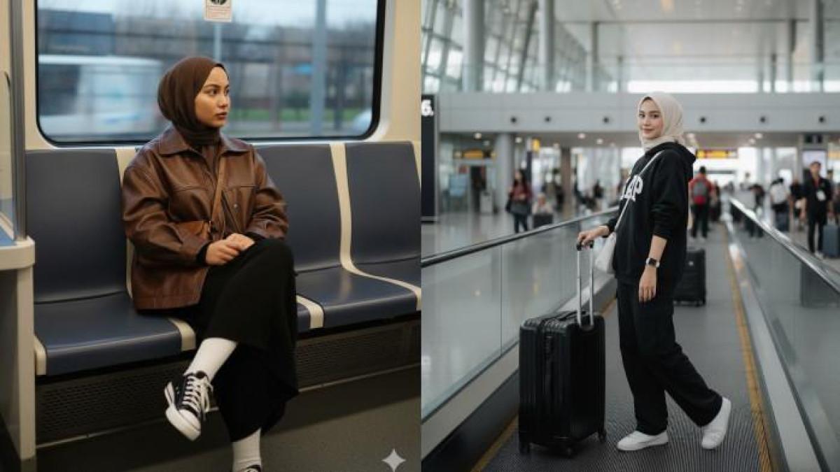 PROMPT GEMINI AI - Contoh foto hasil editan Gemini AI dari foto selfie menggunakan prompt Gaya streetwear di dalam metro Turki (kiri) dan prompt Potret filosofis transit bandara dengan hoodie oversize (kanan), Jumat (3/10/2025).