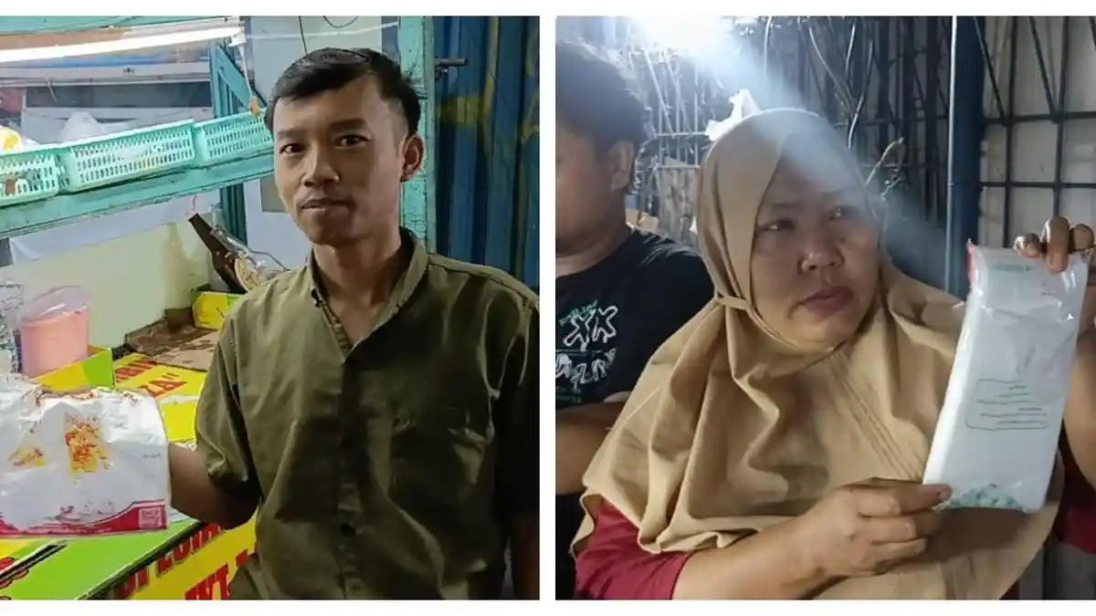 KENAIKAN HARGA PLASTIK - (Kolase foto) Pedagang nasi goreng, Raden Arka Wijaya saat menunjukan kantong plastik untuk wadah kemasan dagangannya (kiri foto) dan (kanan foto) Pedagang pecel lele, Parti saat menunjukan kantong plastik untuk wadah kemasan dagangannya. Mereka ditemui di Jatinegara, Jakarta Timur, Rabu (1/4/2026).