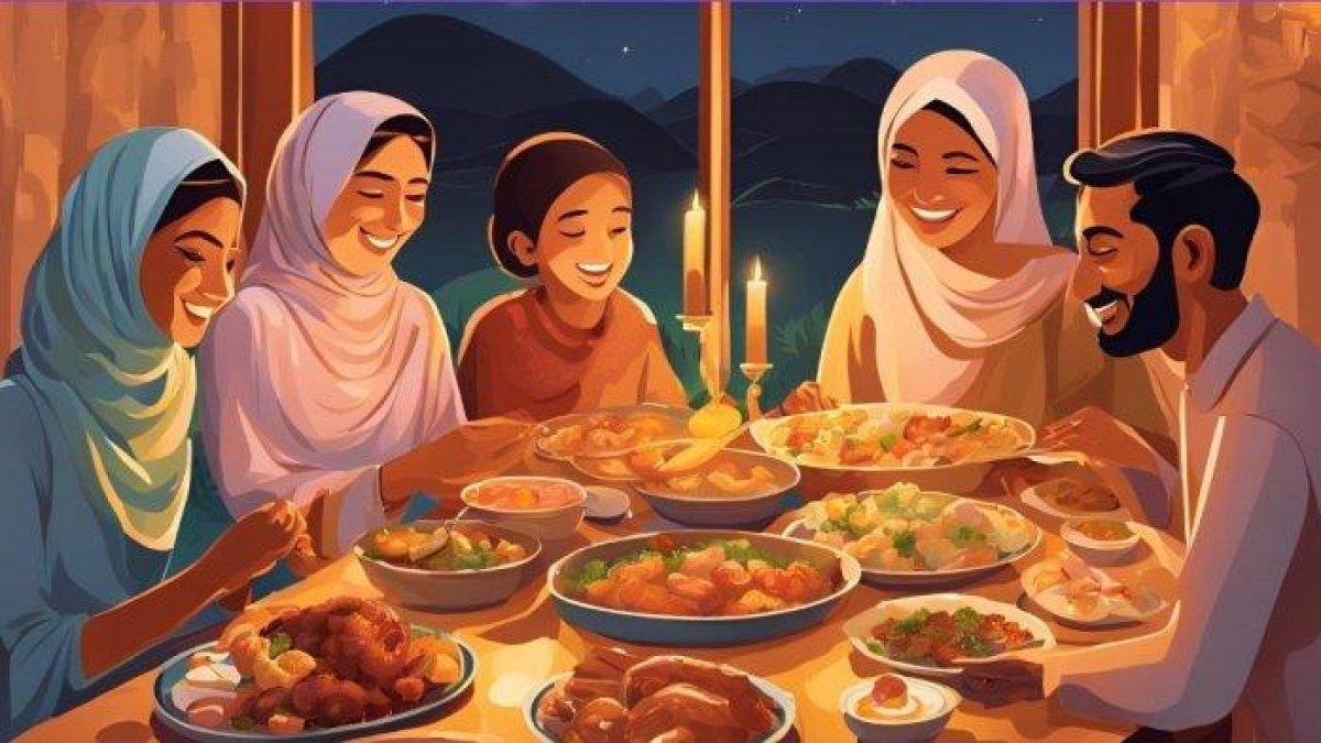 SAHUR RAMADAN,- Ilustrasi makan sahur di bulan Ramadan yang dibuat menggunakan AI pada hari Jumat (28/2/2025).