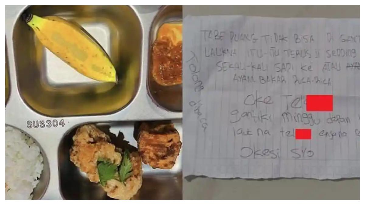 Secarik kertas berisi pesan berbahasa kasar ditemukan petugas SPPG Saotengah, Kabupaten Sinjai, Sulsel, saat mencuci ompreng makanan, Jumat (14/11/2025). Petugas SPPG kaget dan menyayangkan tindakan siswa.