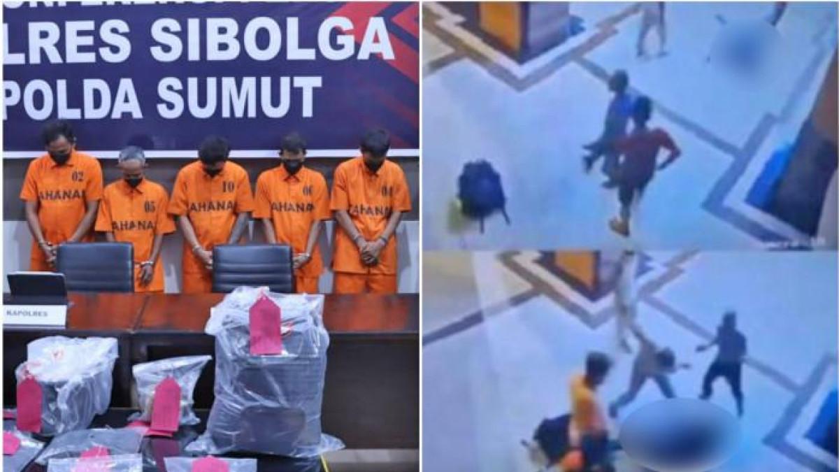 TEWASNYA MAHASISWA ARJUNA - (Kiri) Tampang 5 tersangka pembunuhan mahasiswa di Masjid Agung Sibolga saat ditangkap polisi dan (Kanan) Tangkap layar video viral saat korban dianiaya di Masjid Agung Sibolga, Jalan Diponegoro, Kelurahan Pasar Belakang, Kecamatan Sibolga Kota, Kota Sibolga, Provinsi Sumatera Utara, pada Jumat (31/10/2025) sekira pukul 03.30 WIB.