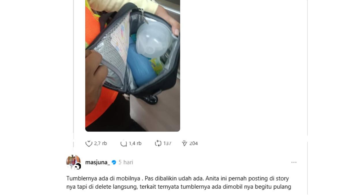 DRAMA TUMBLER HILANG - Akun Threads bernama Masjuna_ mengatakan jika tumbler milik Anita tertinggal di dalam mobil.