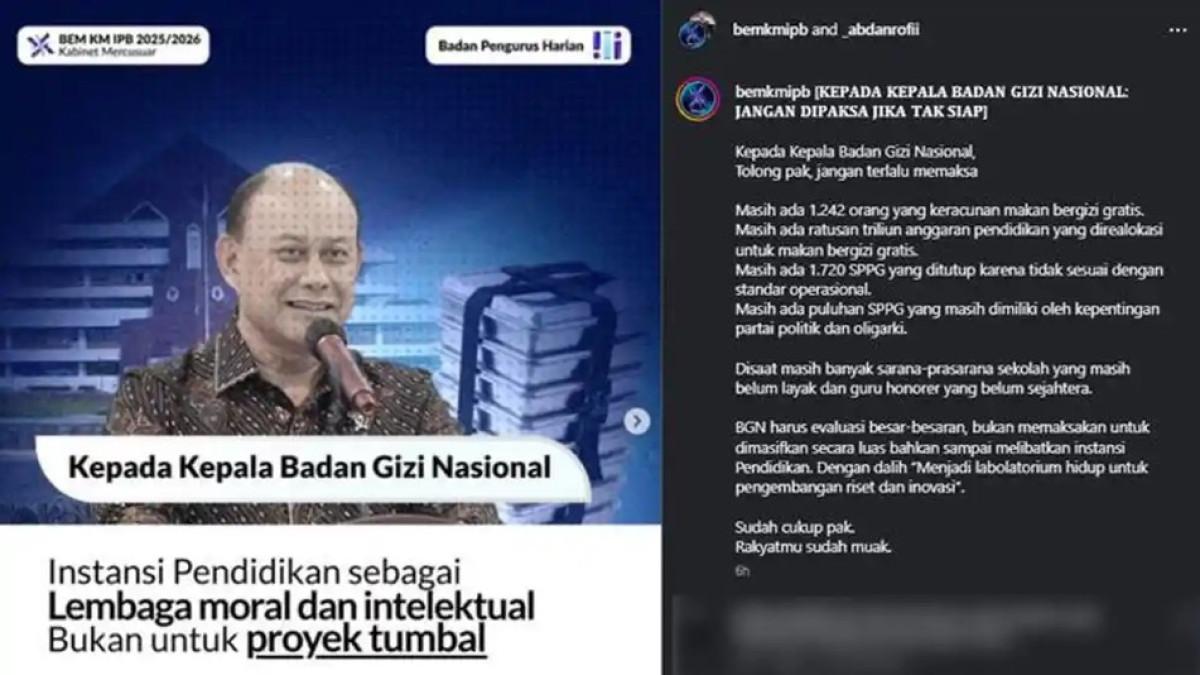 PENOLAKAN DAPUR MBG DI KAMPUS - Presiden Mahasiswa BEM KM IPB University Muhammad Abdan Rofi menyampaikan sikap penolakan terhadap rencana pelibatan perguruan tinggi dalam pembangunan dapur program Makan Bergizi Gratis melalui surat terbuka yang diunggah di media sosial.