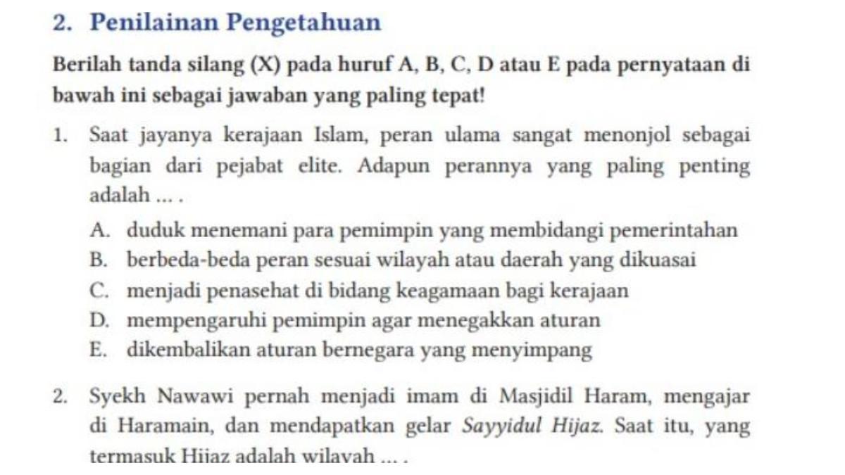 Berikut kunci jawaban PAI kelas 11 halaman 170 171 172 Kurikulum Merdeka, Penilaian Pengetahuan Bab 5 bagian pilihan ganda.