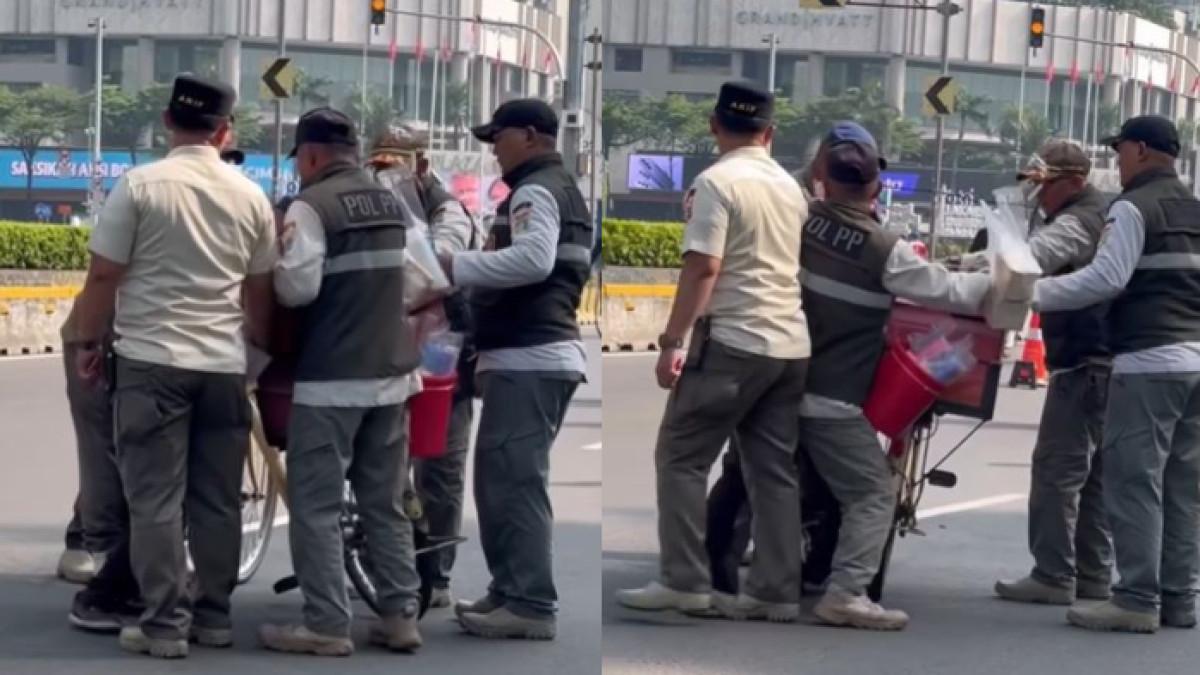 VIRAL TERTIBKAN PEDAGANG - Tangkap layar video viral yang memperlihatkan petugas Satpol PP saat menertibkan pedagang es krim yang berjualan di area CFD, Minggu (24/5/2026) pagi.