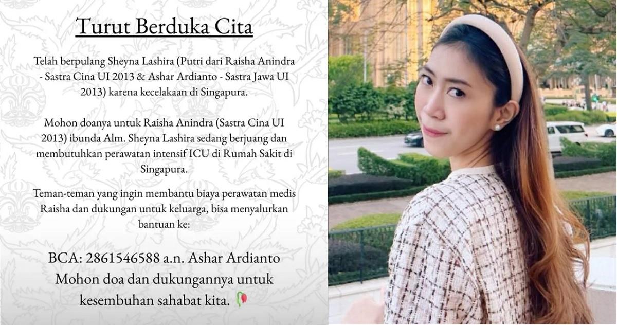 Teman-teman Galang Donasi untuk Bantu Pengobatan Raisha Anindra, WNI yang Kecelakaan di Singapura