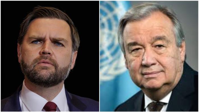 Wakil Presiden Amerika Serikat JD Vance (kiri) dan Sekretaris Jenderal PBB Antonio Guterres (UN/Anadolu)