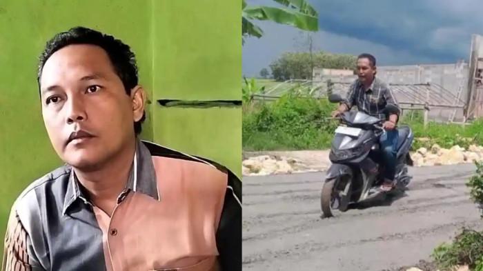 RUSAK JALAN COR - Agus Sutrisno, Ketua RT 4 RW 1 Desa Palon, Kecamatan Blora, viral usai melintasi jalan cor basah.