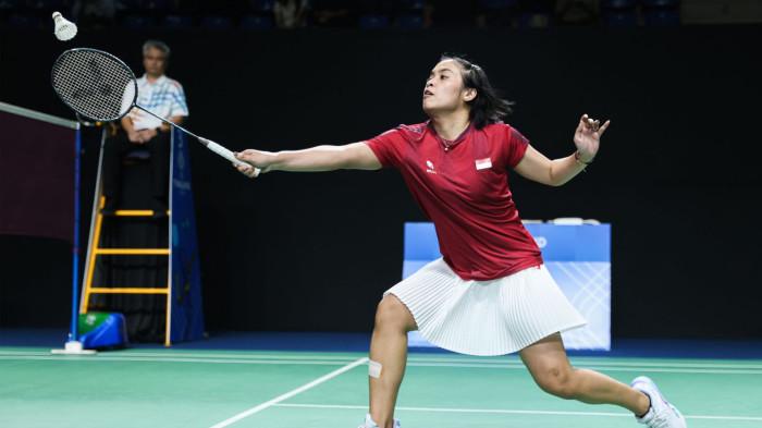 BADMINTON SEA GAMES - Aksi tunggal putri Indonesia, Gregoria Mariska Tunjung alias Jorji saat menghadapi Myanmar pada pertandingan badminton beregu putri SEA Games 2025, Minggu (7/12/2025). Indonesia berhasil lolos ke semifinal setelah menang 3-0.