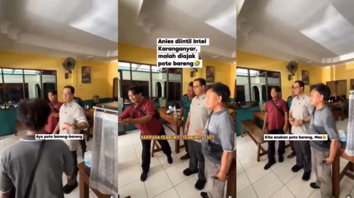 ANIES BERTEMU INTEL - Terdapat momen unik saat mantan Gubernur DKI Jakarta, Anies Baswedan, menyadari keberadaan intel dan mengajak mereka berfoto. Momen itu terjadi di sebuah rumah makan di Kabupaten Karanganyar, Jawa Tengah saat Anies hendak meresmikan jembatan, Jumat (30/1/2026). 