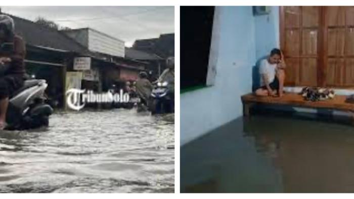 BANJIR - Banjir merendam Jalan Mojolaban Sukoharjo, puluhan motor mogok saat menerjang genangan air setinggi lutut.